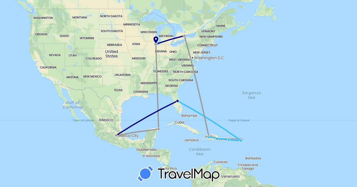 TravelMap itinerary: driving, plane, boat in Canada, Haiti, Mexico, Netherlands, Puerto Rico, United States (Europe, North America)